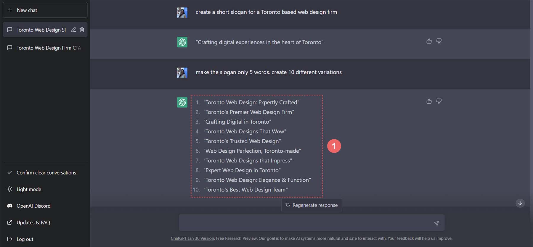 Diferentes opciones de eslogan en ChatGPT