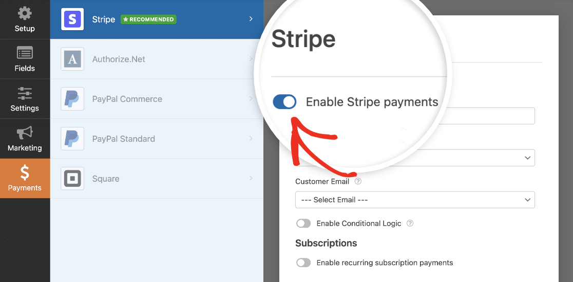 Enabling Stripe payments for a form