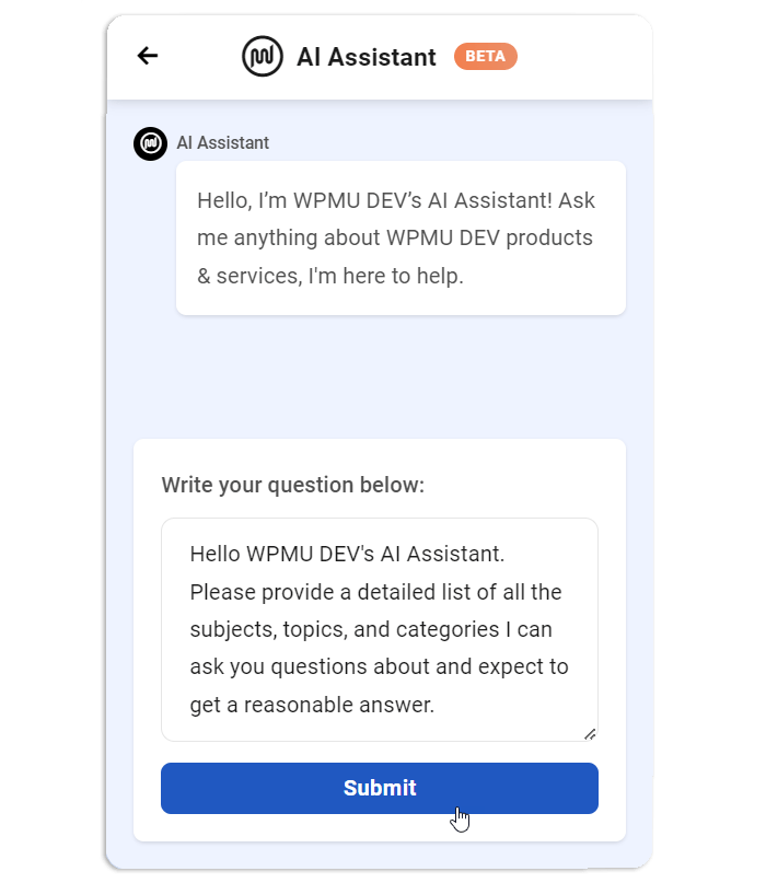 Asistent AI WPMU-DEV cu prompt.