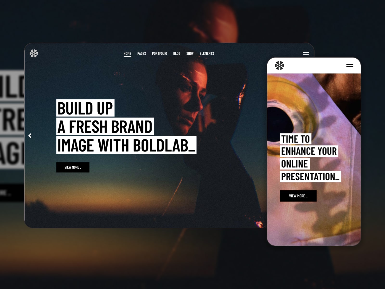 Kolase tema Boldlab untuk situs web agensi digital kreatif WordPress.