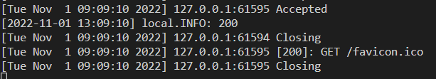 Logs do terminal mostrando o código de status