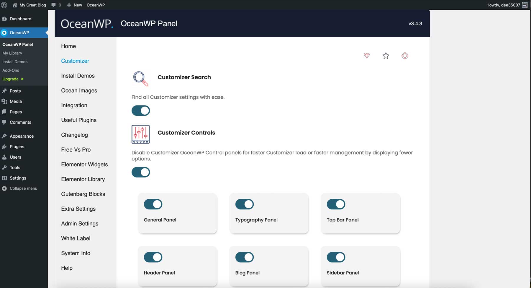 Panel de control adicional OceanWP