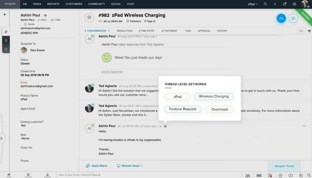 Conversa de ticket no software de suporte técnico do Zoho Desk
