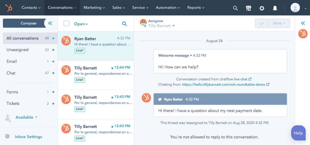 HubSpot Service Hub 헬프 데스크 티켓팅 소프트웨어의 UI