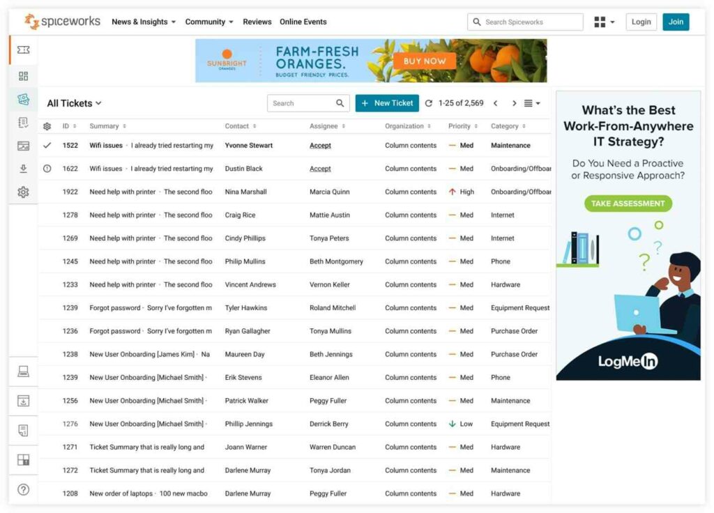 Tampilan tiket platform dukungan pelanggan Spiceworks