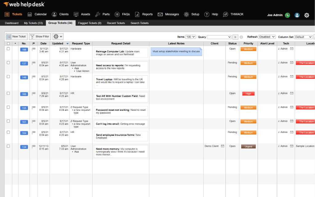 Interface de gerenciamento de tíquetes do suporte técnico na Web da SolarWinds