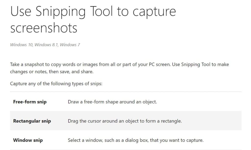 Microsofts Benutzerhandbuch zur Verwendung des Windows-Snipping-Tools