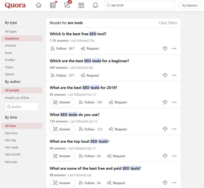 คำถาม Quora ที่เกี่ยวข้องกับเครื่องมือ SEO