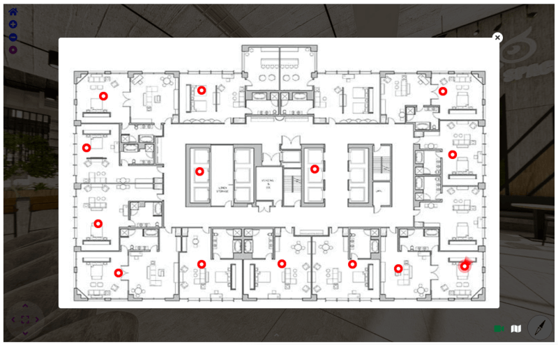 Planta baixa do tour virtual 360 de hotéis de luxo