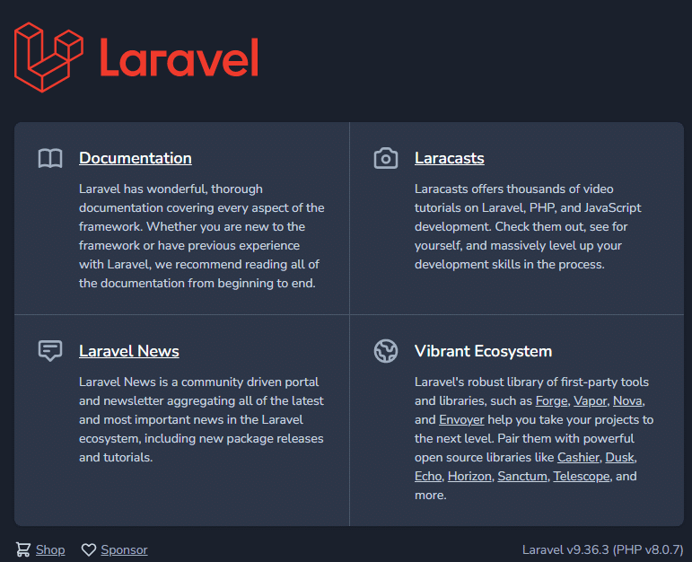 الصفحة الرئيسية لموقع Laravel