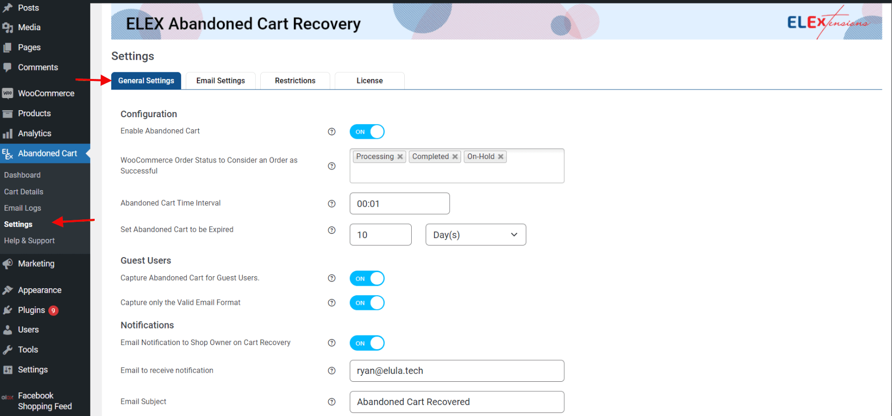 ELEX WooCommerce การตั้งค่าทั่วไปของการกู้คืนรถเข็นที่ถูกละทิ้ง