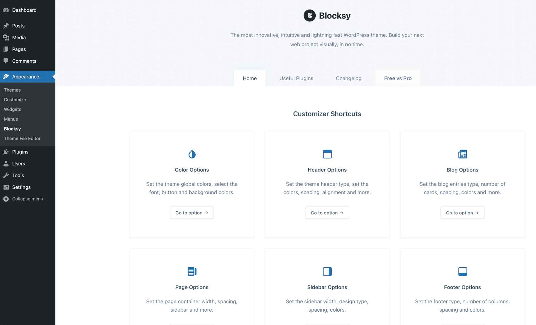 Opciones de personalización de Blocksy