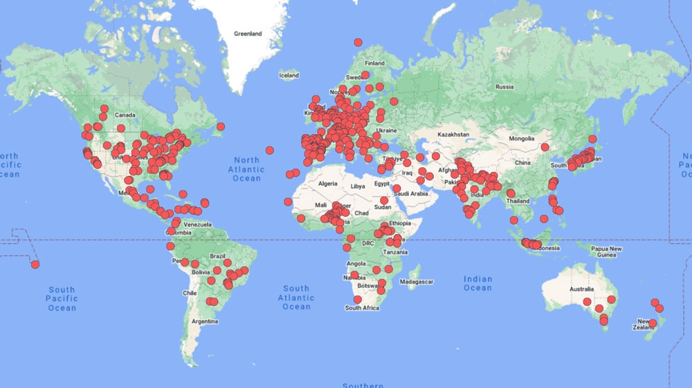 mapa dos locais mundiais de encontro do wordpress