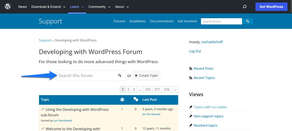 pesquisar fóruns de suporte do wordpress