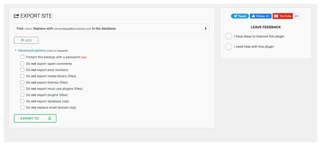 ย้ายไซต์ wordpress ของคุณด้วยปลั๊กอิน (อัตโนมัติ) ขั้นตอนที่ 2: ส่งออกไซต์ของคุณ