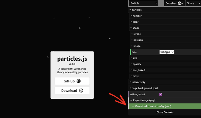 Download current particlejs configuration file json