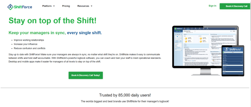 screenshot della home page di shiftforce