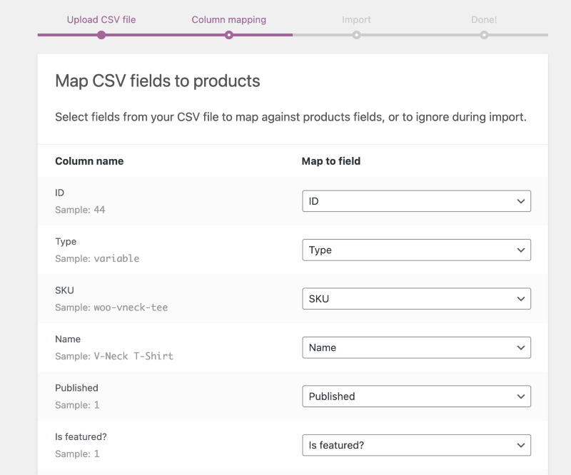 Mapeo de columnas de productos de WooCommerce