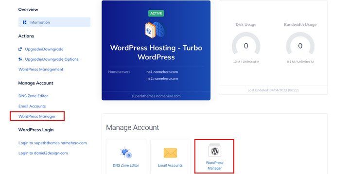 NameHero-WordPress-ผู้จัดการ