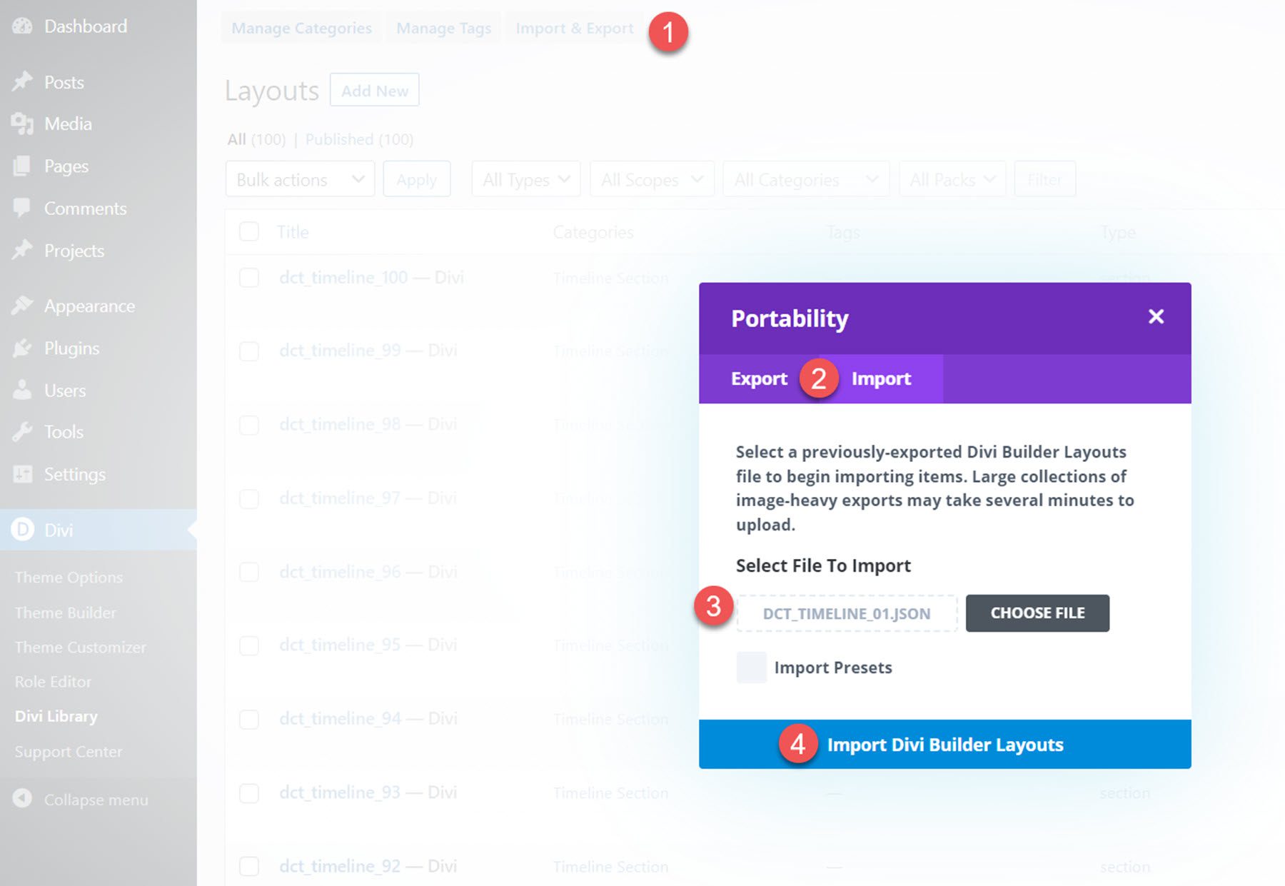 Divi Product Highlights Divi Timeline Layouts Pack Install 1