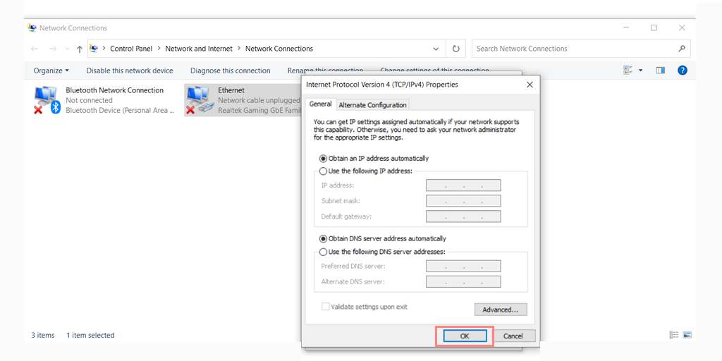 Enabling "Obtain DNS server address automatically"