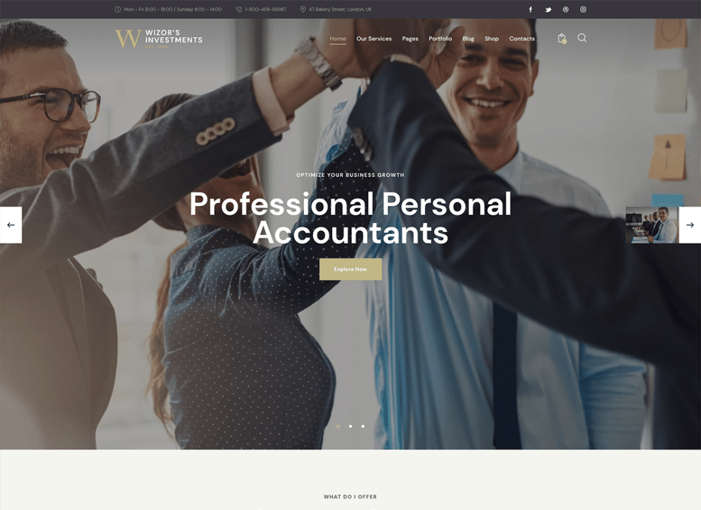 Wizor's - Tema de WordPress para inversiones y consultoría de negocios, seguros