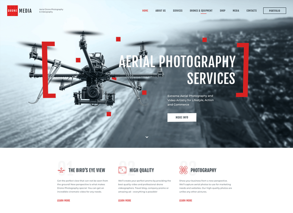 Drone Media - Thème WordPress pour la photographie aérienne et la vidéographie