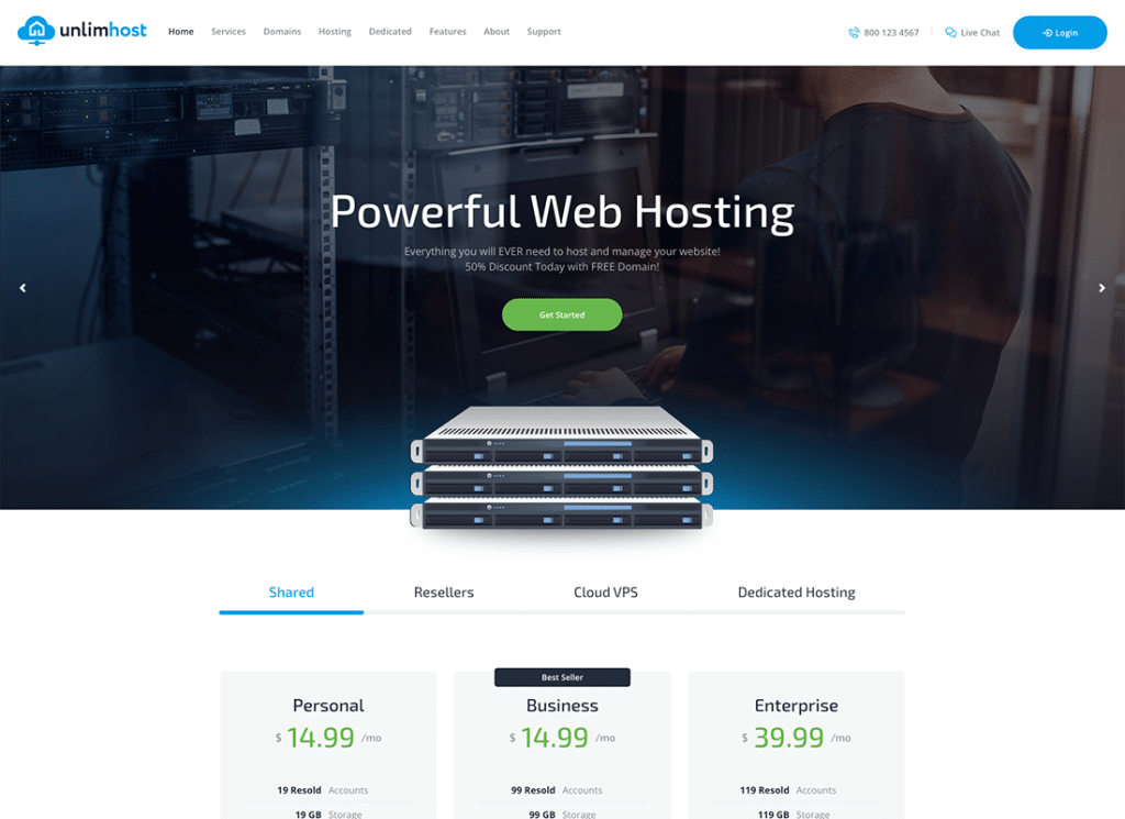 UnlimHost - Tema WordPress per web hosting e tecnologia Internet