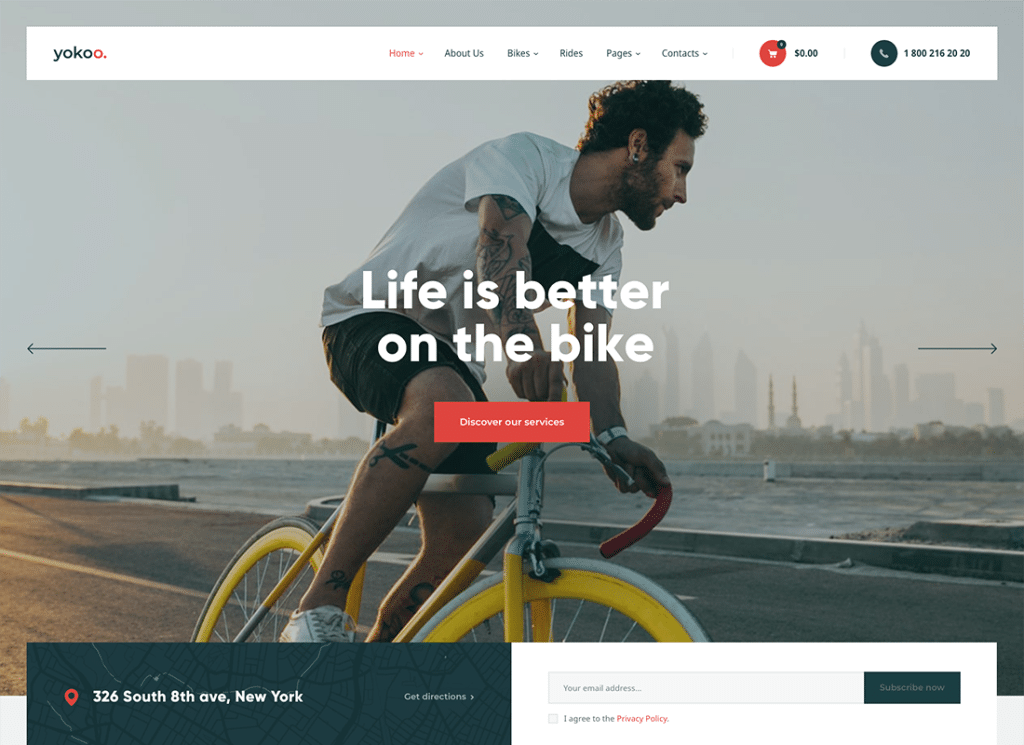 Yokoo — тема WordPress для магазина велосипедов и проката велосипедов