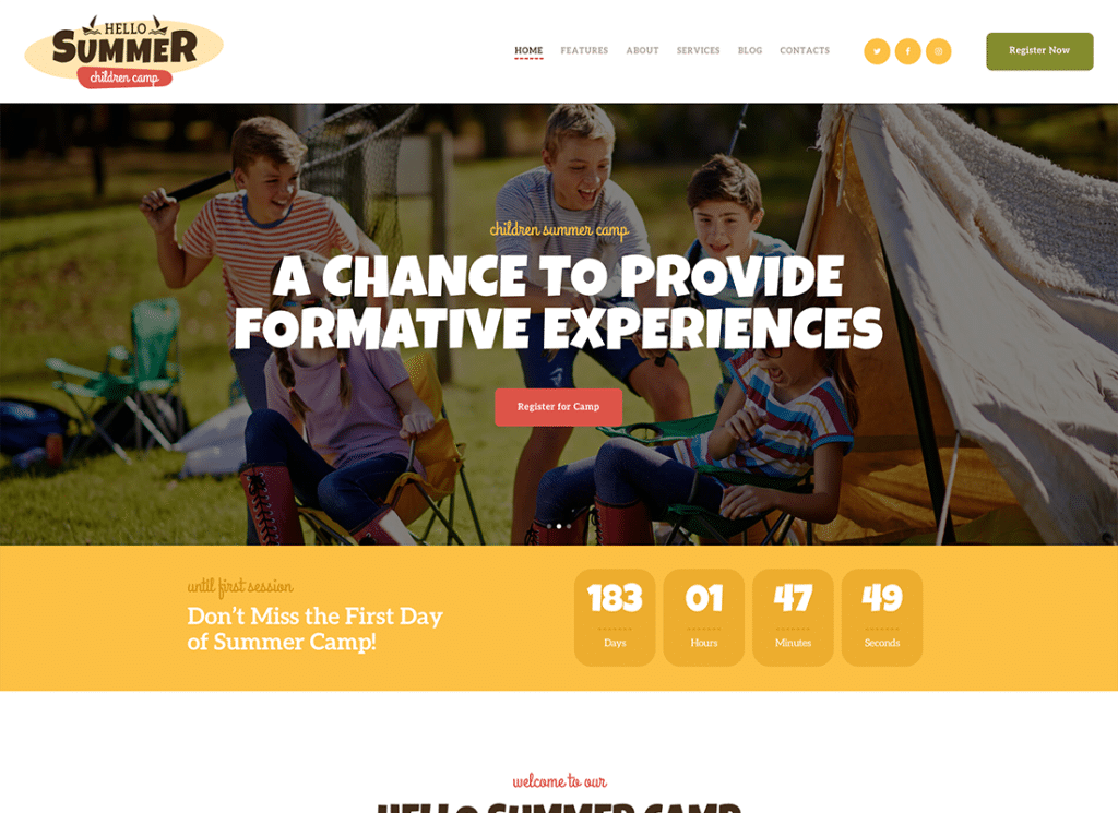 Hello Summer - Tema WordPress para acampamento de férias para crianças