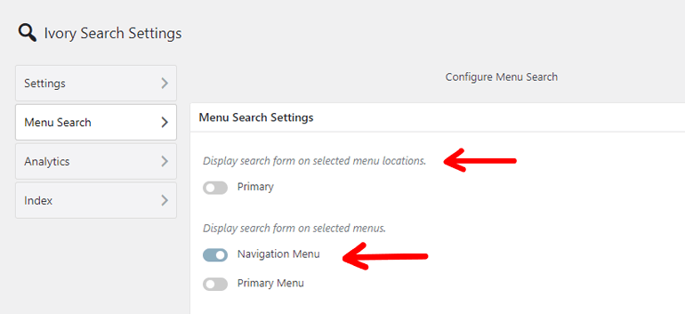 Options de recherche de menus