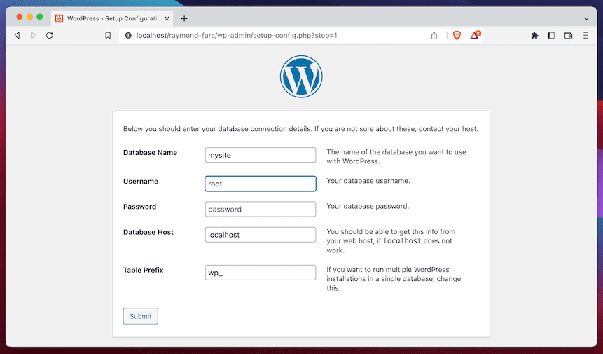 Ingresar las credenciales de la base de datos para un nuevo sitio web de WordPress.