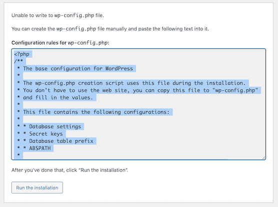 Copia de datos para un archivo wp-config.php durante el proceso de instalación de WordPress.