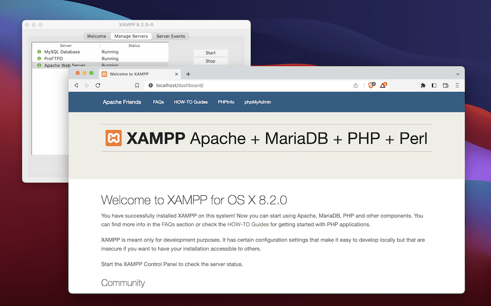 تشغيل لوحة معلومات XAMPP في مستعرض ويب.