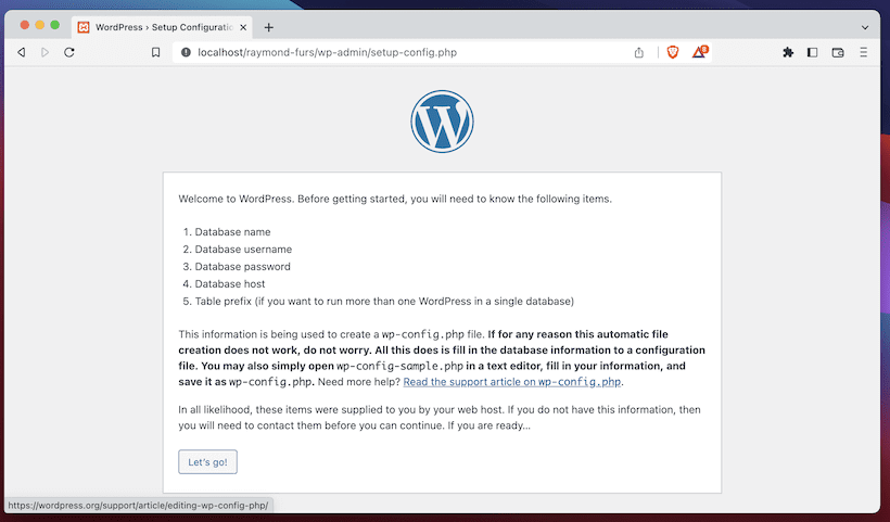 O assistente de instalação de cinco minutos do WordPress.