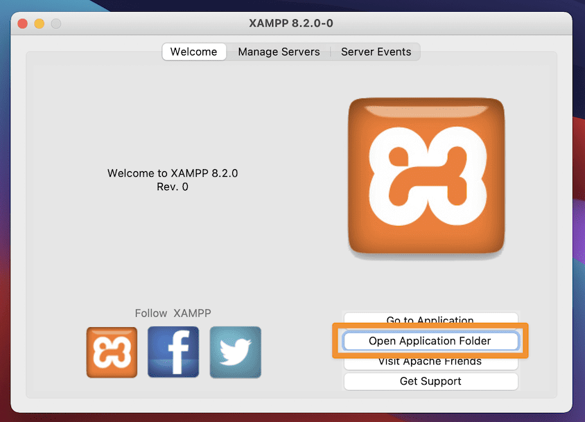 L'interface XAMPP affichant le bouton Ouvrir le dossier d'application.