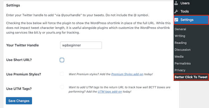 Konfigurieren des Better Click to Tweet WordPress-Plugins Configuring the Better Click to Tweet WordPress plugin