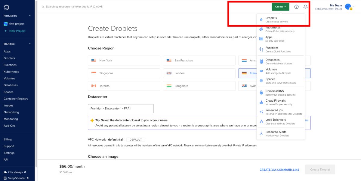 Tableau de bord DigitalOcean > Créer > Gouttelettes