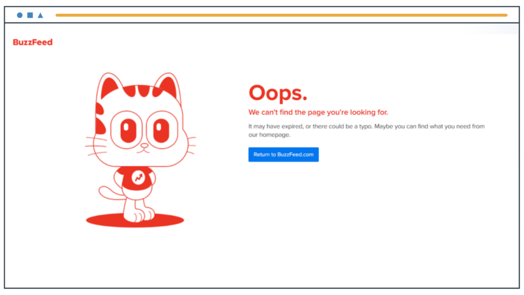 Página de erro 404 do BuzzFeed com as cores da marca branco e vermelho