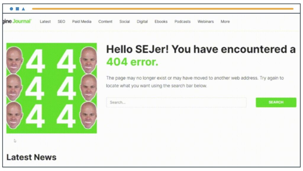 Halaman error 404 Search Engine Journal berwarna hijau terang