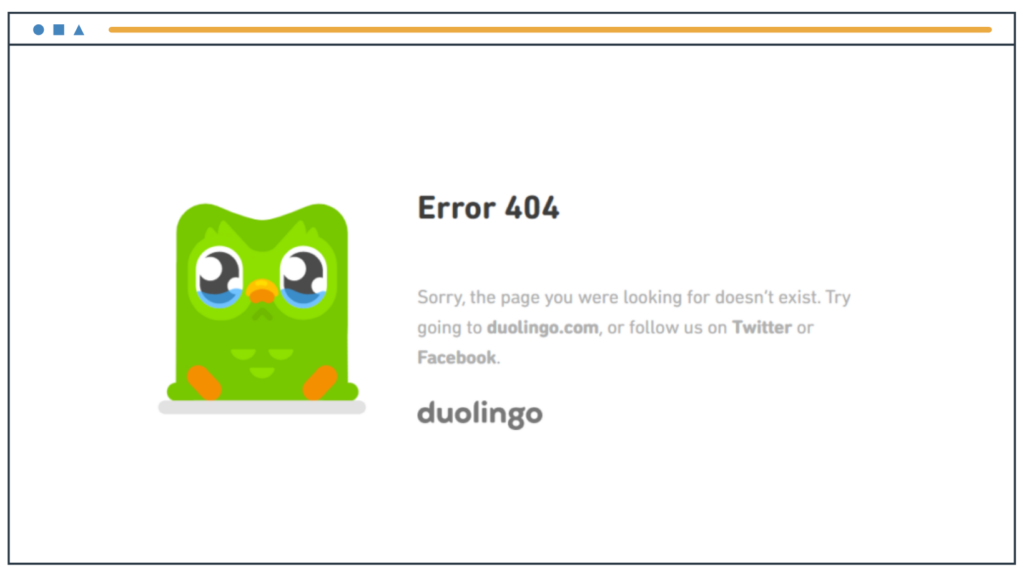 Página de error 404 de Duolingo con un búho verde