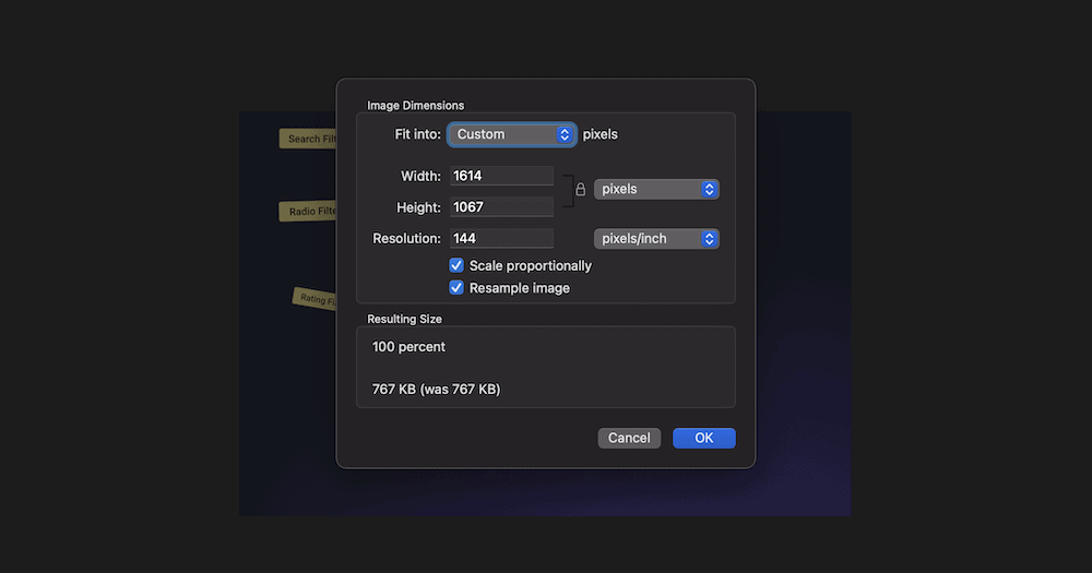 L'application Aperçu du Mac montrant comment réduire les dimensions de l'image.