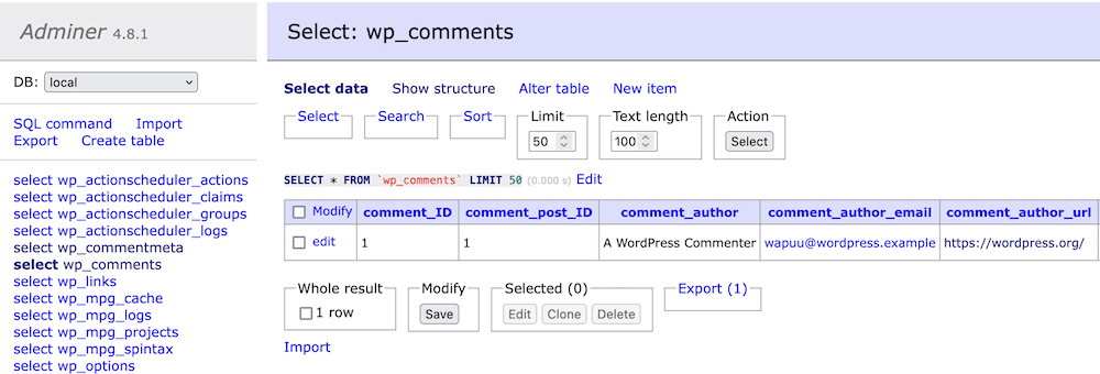 Une base de données WordPress affichant le tableau des commentaires.