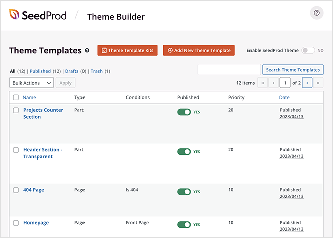 SeedProd theme template parts