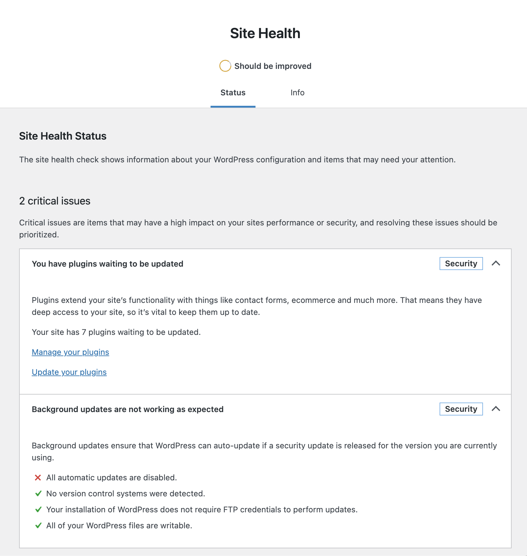 Rapport sur la santé du site WordPress