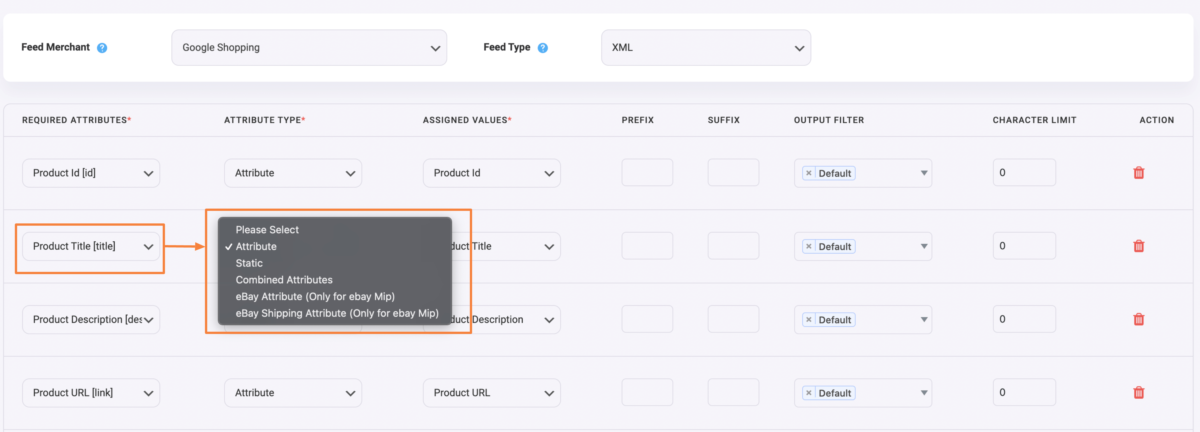 Product Feed Manager Attribute Type Dropdown (titolo del prodotto)