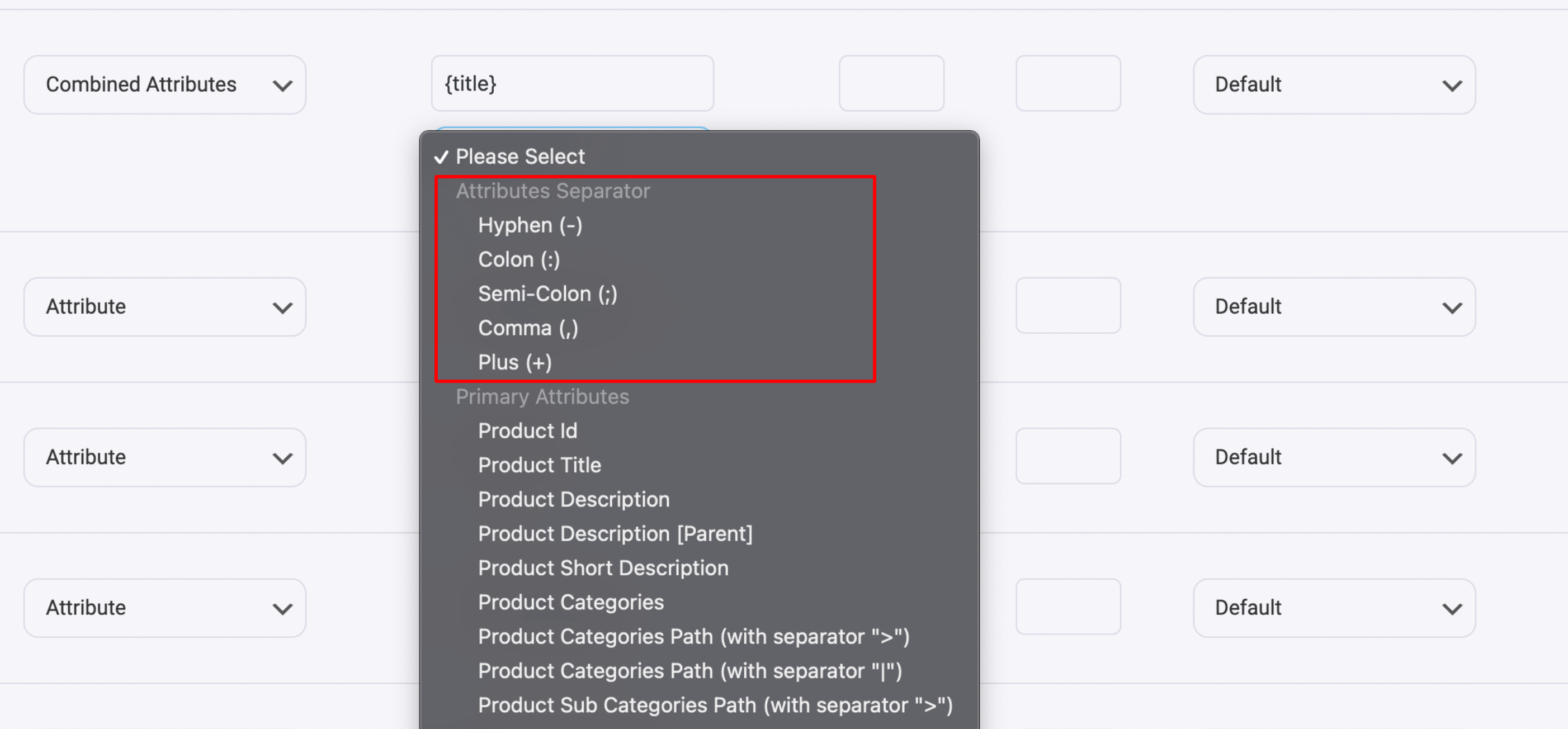 Product Feed Manager Valori del separatore di attributi combinati (titolo del prodotto)