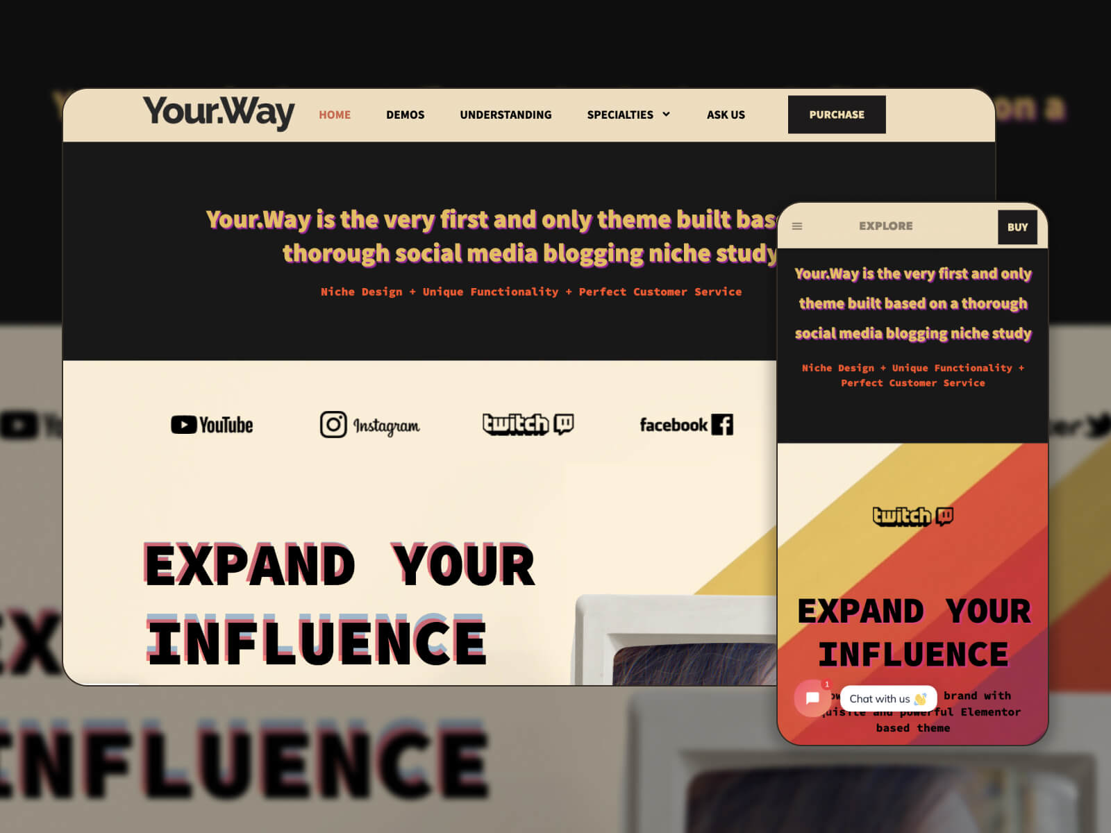 Cuplikan layar tema YourWay, salah satu template blog Elementor terbaik dalam palet warna hitam dan merah muda yang mencolok.