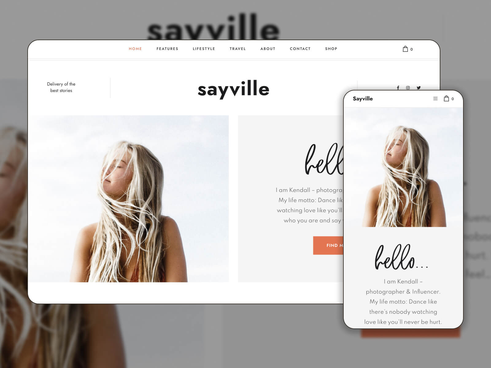 Collage de Sayville, una de las mejores plantillas de blog de Elementor en un esquema de color blanco y sombras de gris profesional y sofisticado.