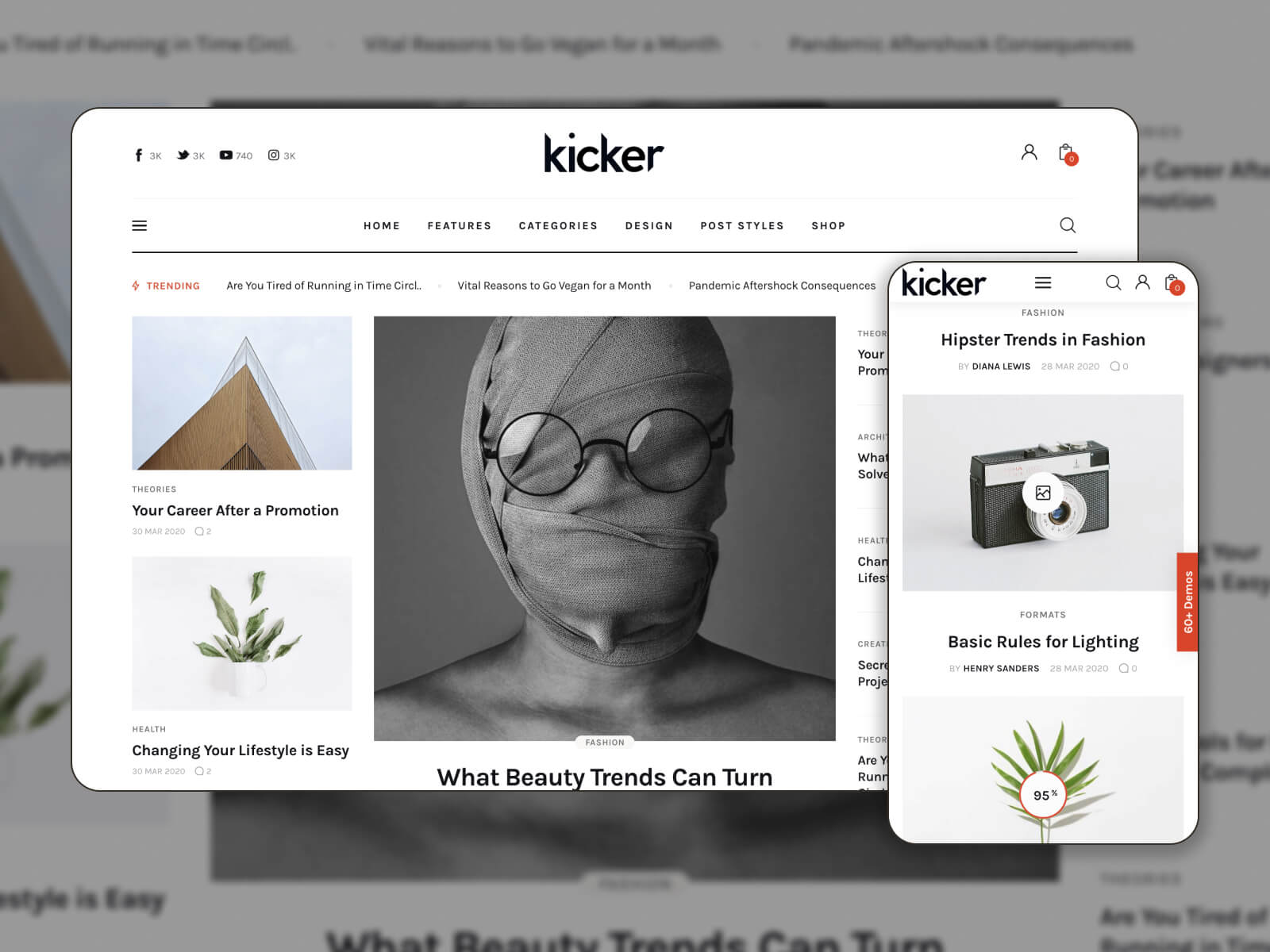 Kicker WordPress 主题演示页面的拼贴，采用浅色方案。